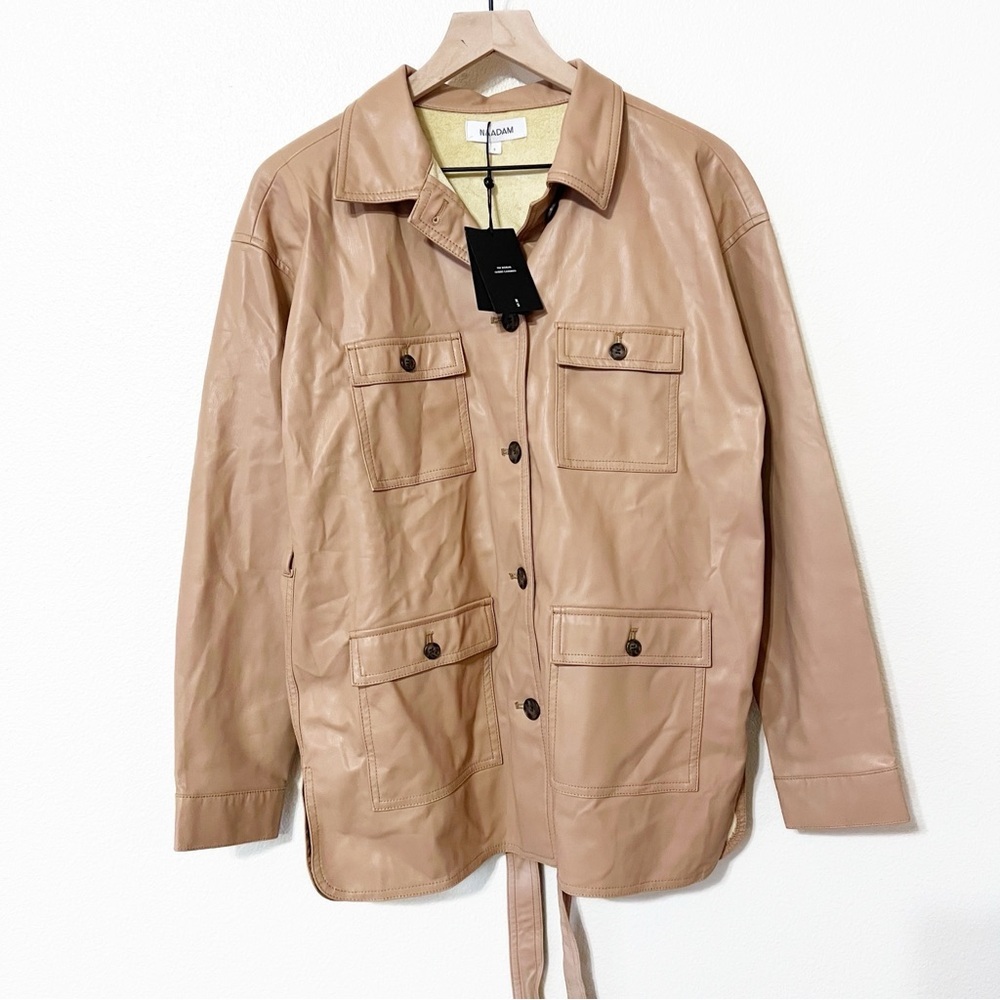 🛍️NWT Naadam Vegan Leather Belted Pocket Cargo Safari Jacket in Camel Tan Small - Picture 3 of 8